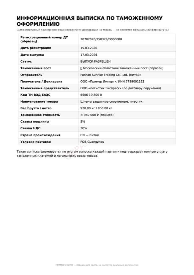 Образец информационной выписки по таможенному оформлению